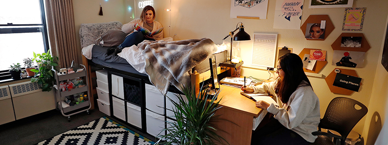 IMAGE: Two students in dorm, studying.