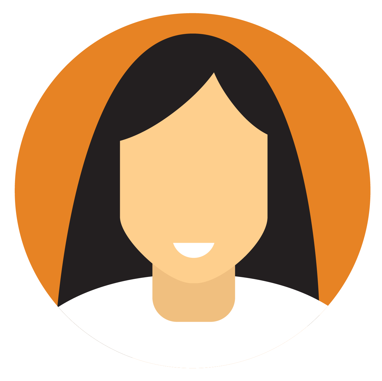Icon of person with long black hair, white shirt, orange background.