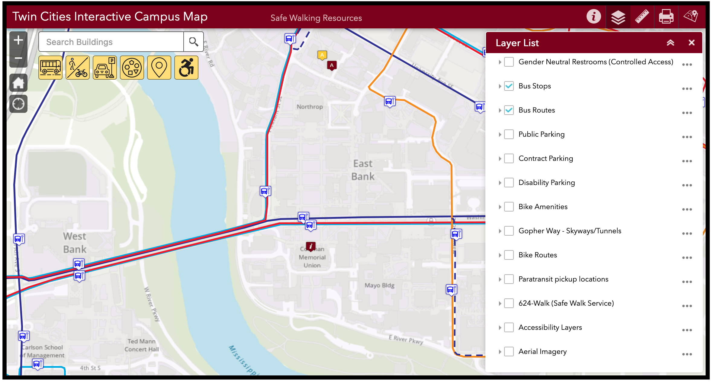 Image of campus map showing bus stops