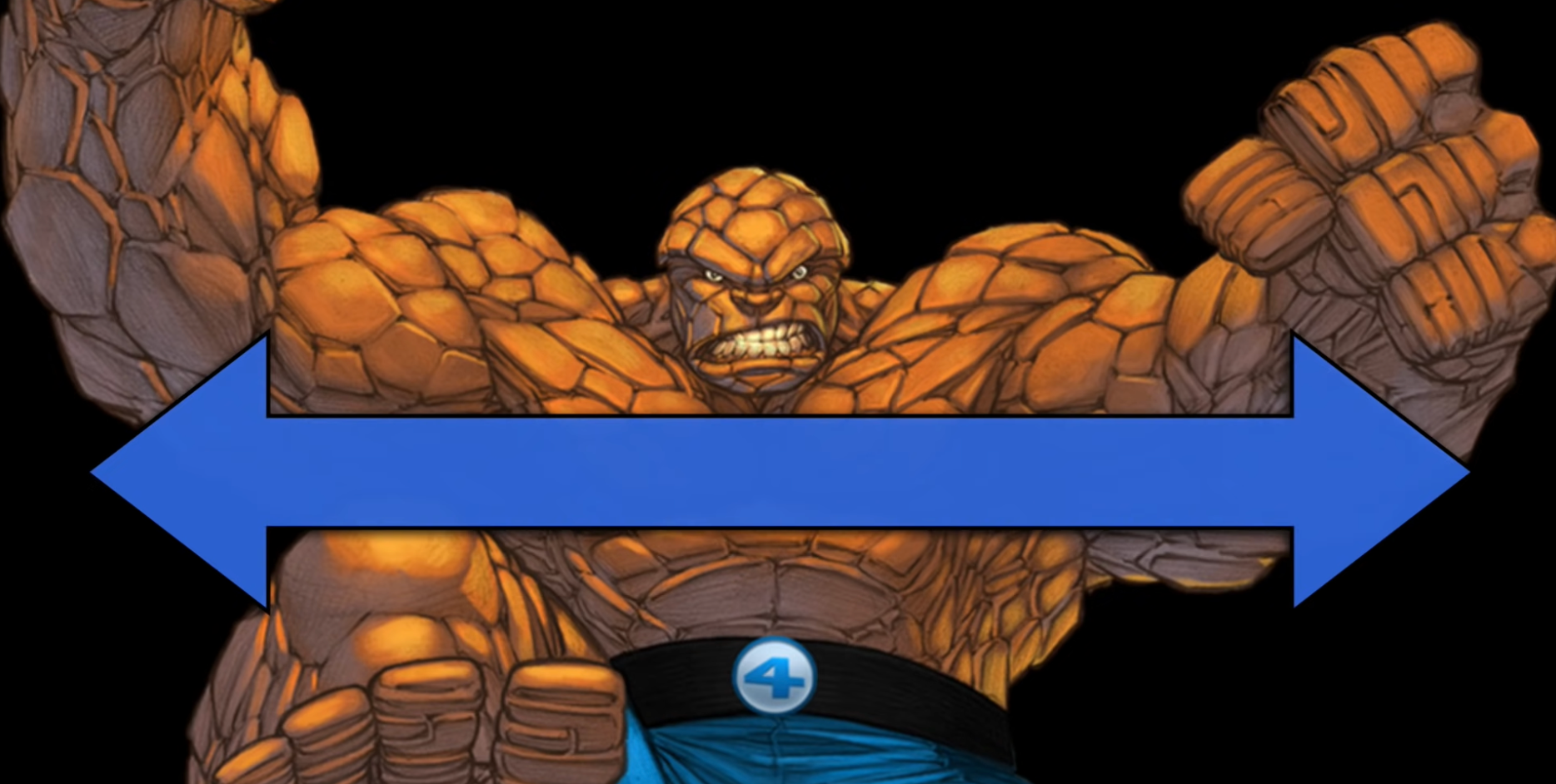 Image depicting Marvel superhero The Thing (who is very big) with an arrow spanning its torso to represent a topic that is too broad.