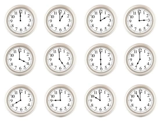 photo of twelve clock faces showing different times of the day
