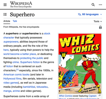 Image showing the Superhero article listing on Wikipedia